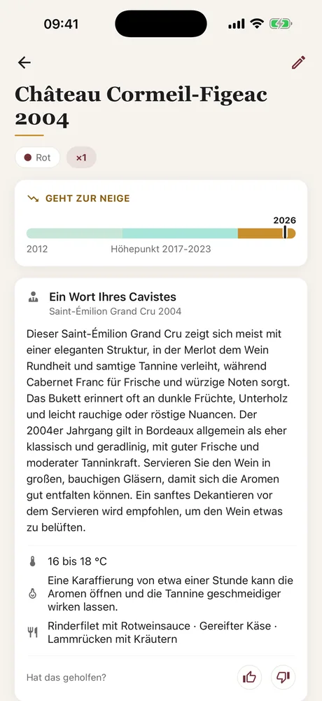 Ein Wort Ihres Cavistes auf einem Flascheneintrag: Serviertemperatur, Dekantieren und Kombinationen, unter der Höhepunktanzeige.