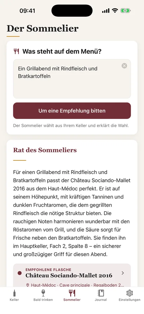 Der Sommelier-Bildschirm von Caviste: das Menü in einem Satz beschrieben, und der Rat, der eine Flasche aus dem Keller empfiehlt und die Kombination erklärt.
