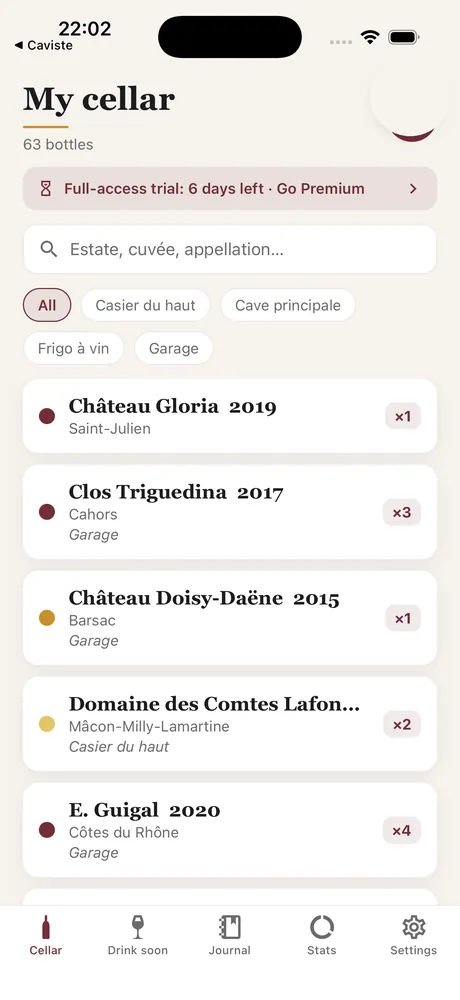 The Caviste cellar screen: the bottle list with search and storage locations.
