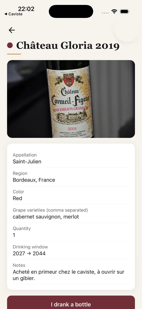 A Caviste bottle sheet: label photo, appellation, grapes and drinking window.
