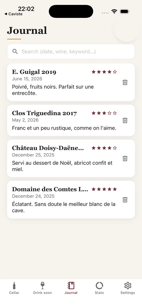 The Caviste tasting journal: ratings, notes and dates you can search.