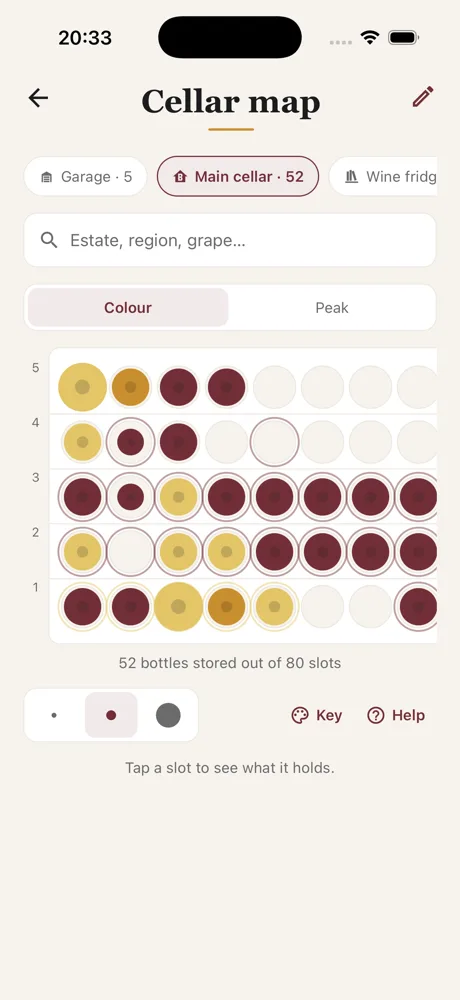 The Caviste cellar map: the rack seen head-on, each bottle in its own slot, coloured by wine type.