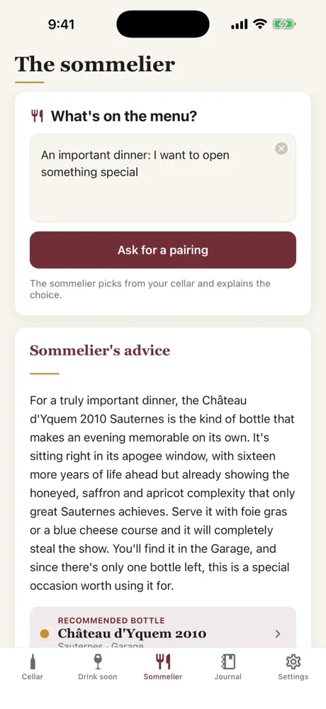 The Caviste sommelier screen: the menu described in one sentence, and the advice recommending a bottle from the cellar and explaining the pairing.