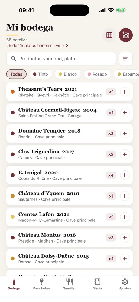 La pantalla Bodega de Caviste: la lista de botellas con búsqueda, filtros por color y posiciones.