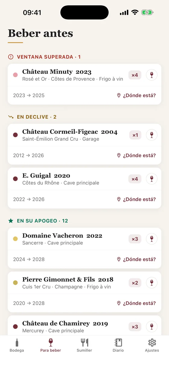 La pantalla «Para beber» de la app Caviste: las botellas de la bodega ordenadas por urgencia.