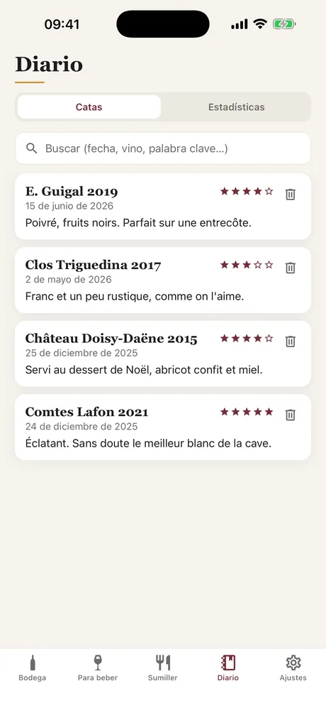 El diario de cata de Caviste: notas, comentarios y fechas, con búsqueda, y la pestaña Estadísticas.