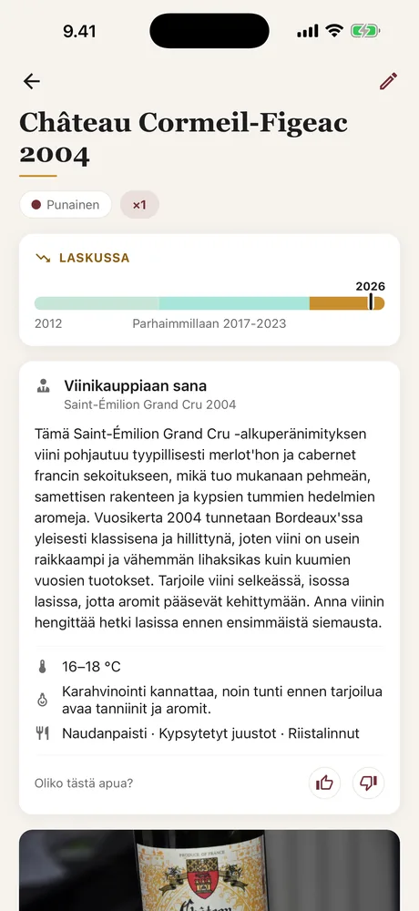 Viinikauppiaan neuvo kortilla Cavistessa: tarjoilulämpötila, dekantointi ja yhdistelmät, juomakuntomittarin alla.