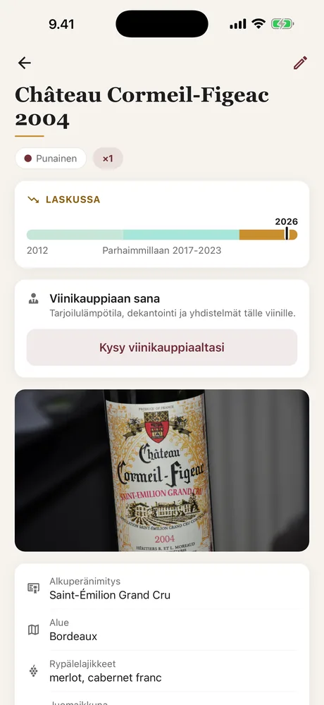 Pullokortti Cavistessa: juomakuntomittari, kuva etiketistä, alkuperänimitys, rypälelajikkeet ja juomaikkuna.