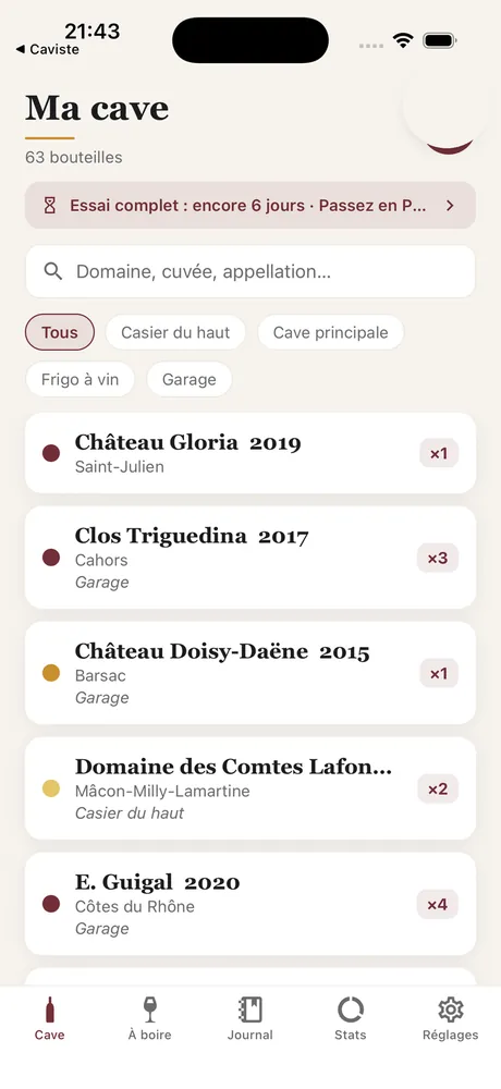 L'écran Cave de Caviste : la liste des bouteilles avec recherche et emplacements.