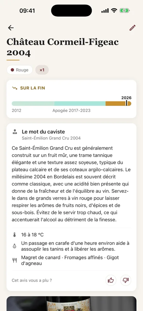 Le mot du caviste sur une fiche Caviste : température de service, carafage et accords, sous la jauge d'apogée.