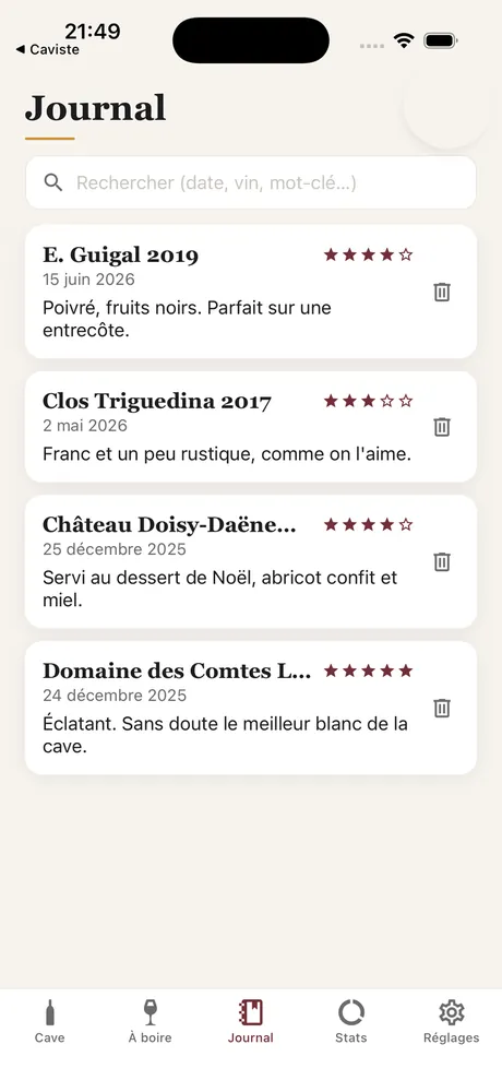 Le journal de dégustation Caviste : notes, commentaires et dates, cherchables.