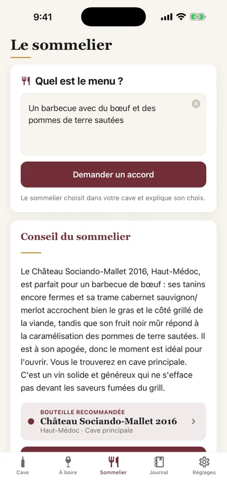 L'écran Sommelier de Caviste : le menu décrit en une phrase, et le conseil qui recommande une bouteille de la cave en expliquant l'accord.