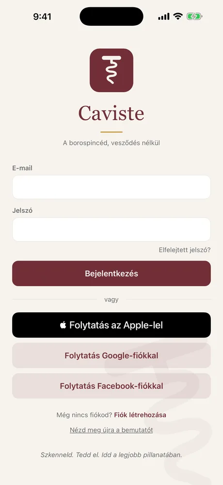 A borospince képernyő a Cavistében: a palackok listája kereséssel, színszűrővel és helyekkel.