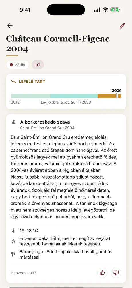 A borkereskedő tanácsa egy lapon a Cavistében: felszolgálási hőmérséklet, dekantálás és párosítások, az állapotmérő alatt.