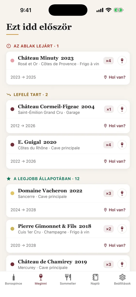 A « Meginni » képernyő a Caviste appban: a borospince palackjai sürgősség szerint rendezve.