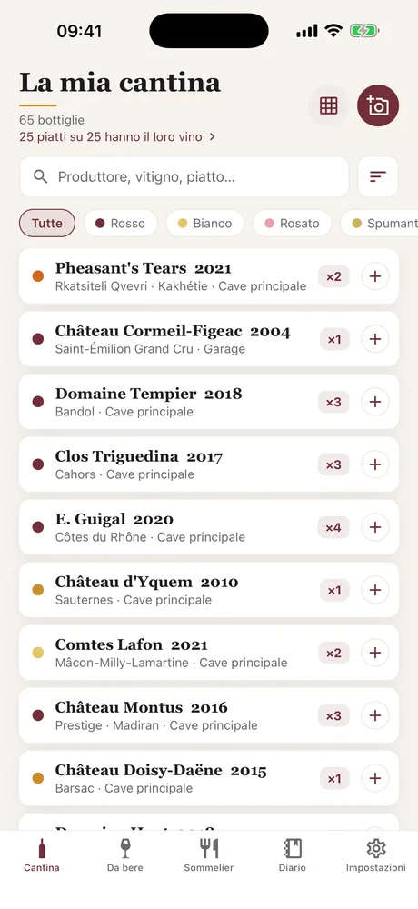 La schermata Cantina di Caviste: l'elenco delle bottiglie con ricerca, filtri per colore e posizioni.