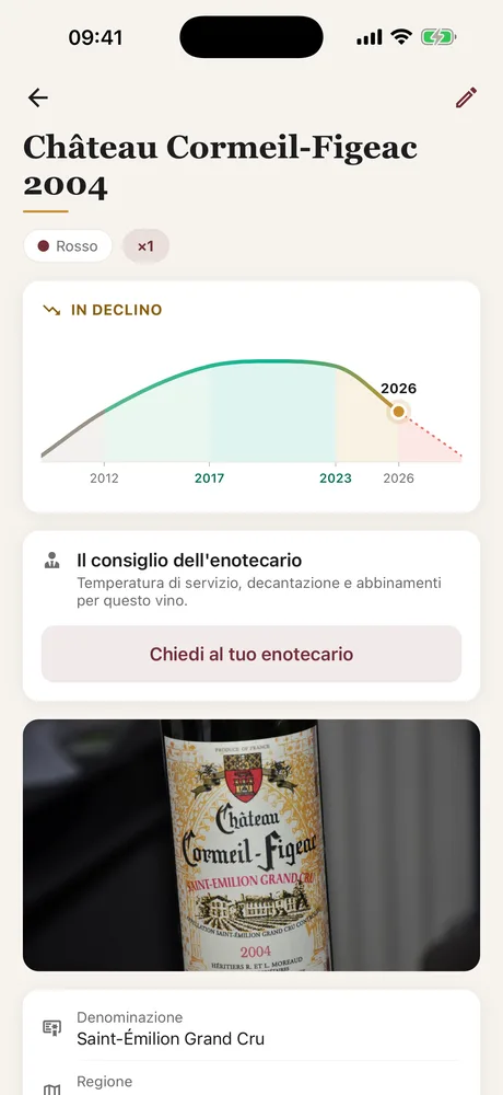 Una scheda bottiglia Caviste: curva dell'apice, foto dell'etichetta, denominazione, vitigni e finestra di consumo.