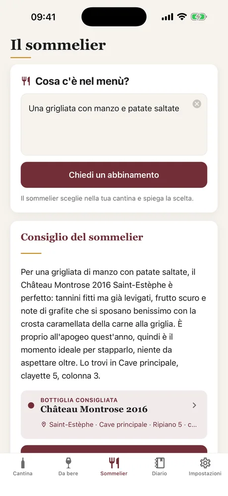 La schermata Sommelier di Caviste: il menù descritto in una frase, e il consiglio che raccomanda una bottiglia della cantina spiegando l'abbinamento.