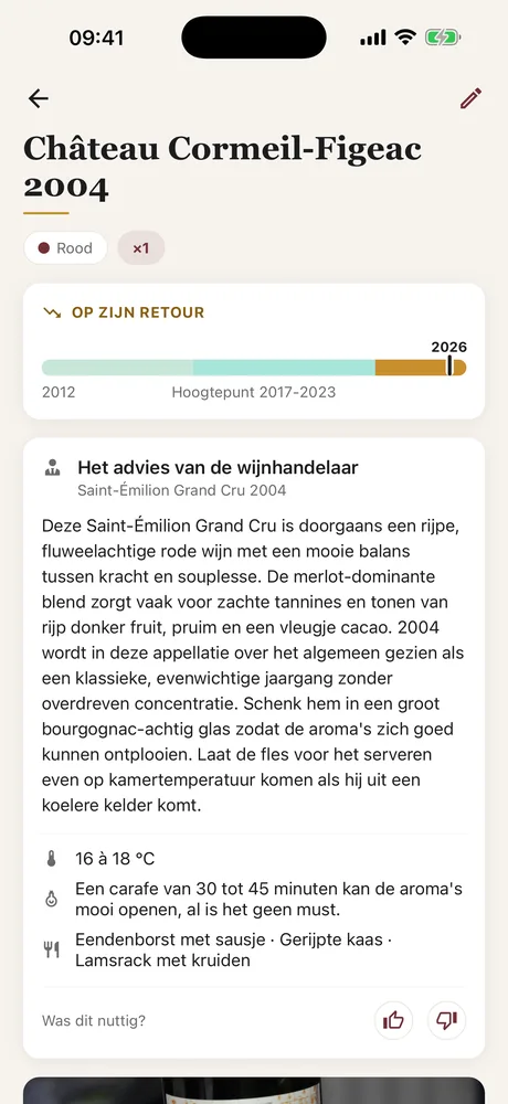 Het advies van de wijnhandelaar op een fiche van Caviste: serveertemperatuur, decanteren en combinaties, onder de hoogtepuntmeter.