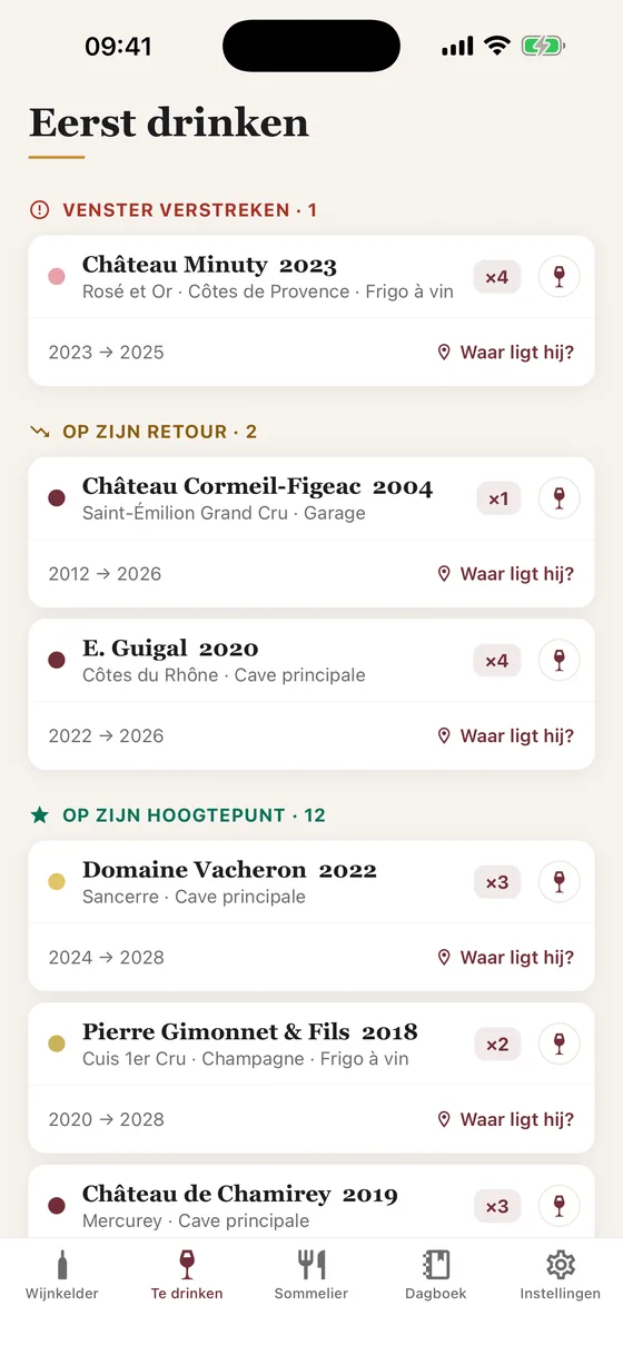 Het scherm ‘Te drinken’ van de app Caviste: de flessen uit de wijnkelder op urgentie gesorteerd.
