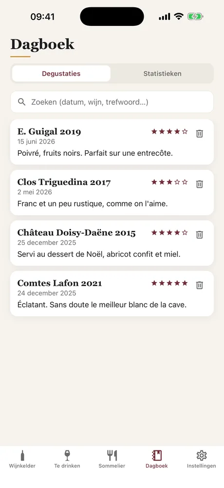 Het degustatiedagboek van Caviste: cijfers, opmerkingen en data, met zoekbalk, en het tabblad Statistieken.