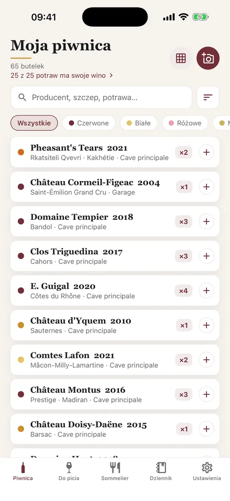 Ekran Piwnica w Caviste: lista butelek z wyszukiwarką, filtrami po kolorze i miejscami.