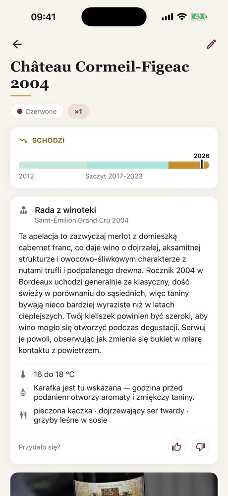Porada od Caviste na karcie w Caviste: temperatura podania, dekantacja i połączenia, pod wskaźnikiem szczytu.