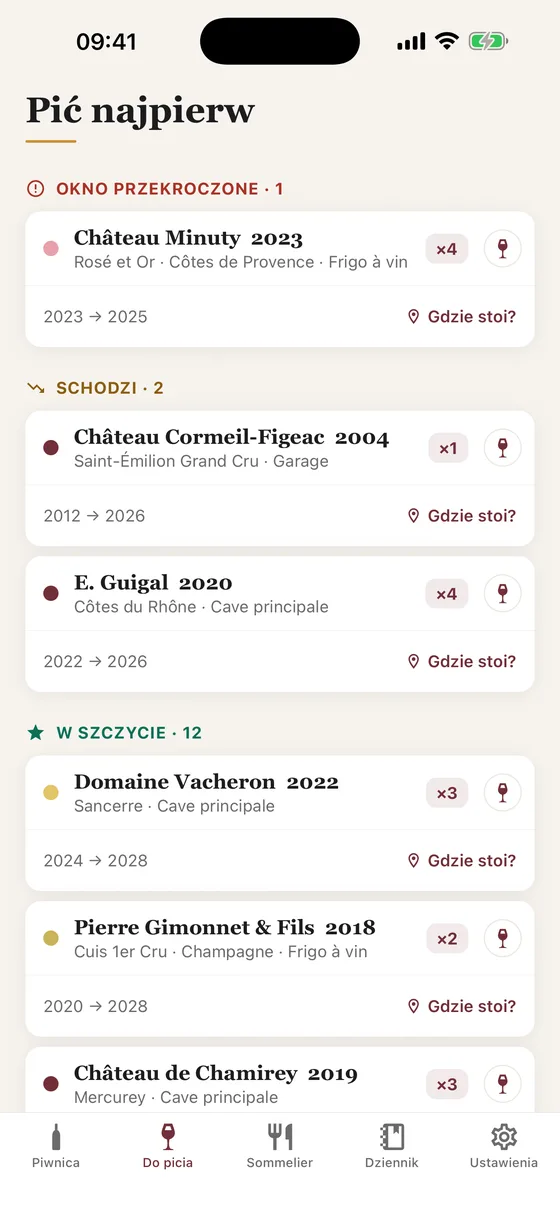 Ekran „Do picia” w aplikacji Caviste: butelki z piwnicy ułożone według pilności.