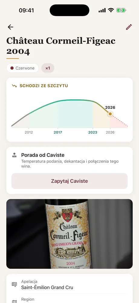 Karta butelki w Caviste: krzywa szczytu, zdjęcie etykiety, apelacja, szczepy i okno picia.