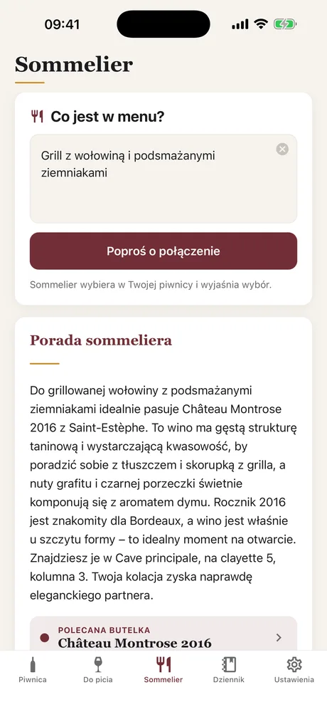 Ekran Sommelier w Caviste: menu opisane w jednym zdaniu i porada polecająca butelkę z piwnicy z wyjaśnieniem połączenia.
