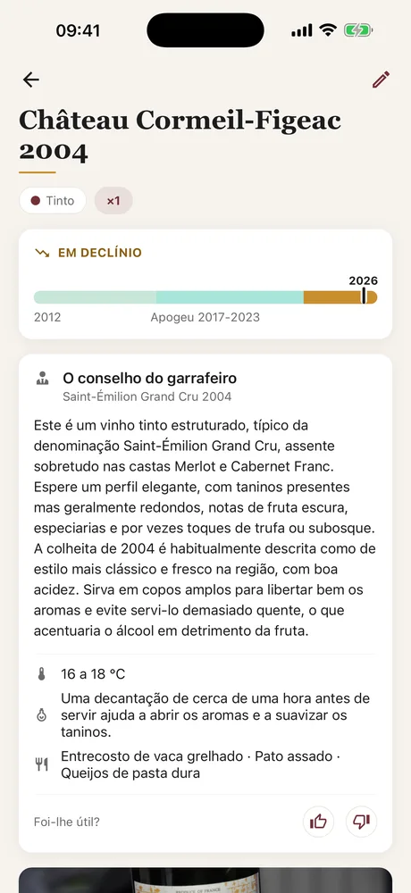 O conselho do Caviste numa ficha do Caviste: temperatura de serviço, decantação e harmonizações, sob o indicador de apogeu.