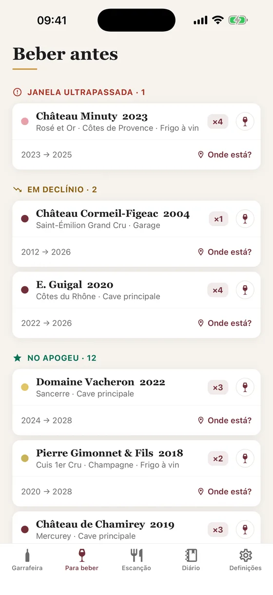 O ecrã «Para beber» da aplicação Caviste: as garrafas da garrafeira ordenadas por urgência.