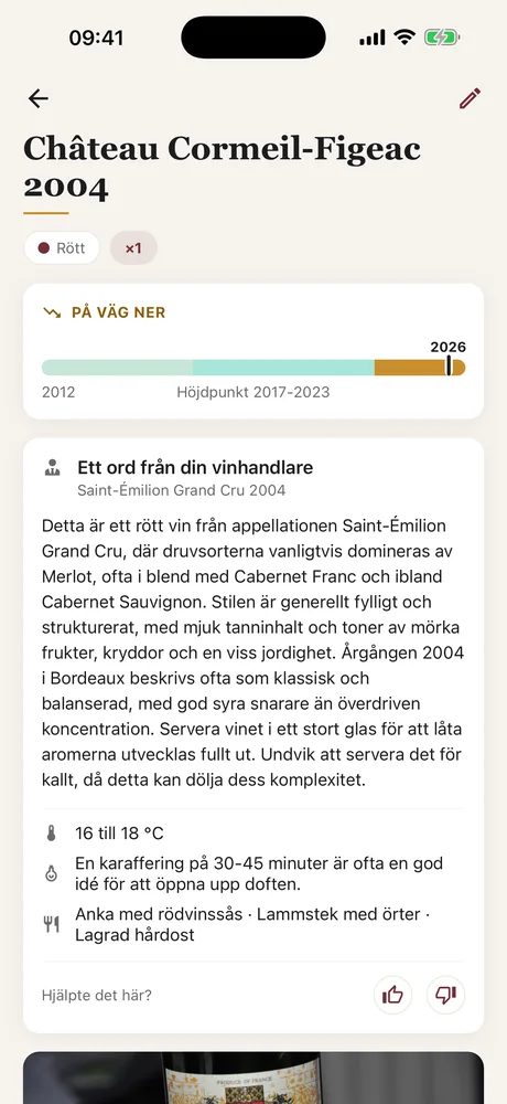 Rådet från vinhandlaren på ett kort i Caviste: serveringstemperatur, dekantering och kombinationer, under höjdpunktsmätaren.