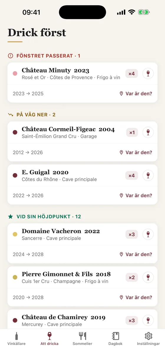 Skärmen « Att dricka » i appen Caviste: flaskorna i vinkällaren sorterade efter hur bråttom det är.