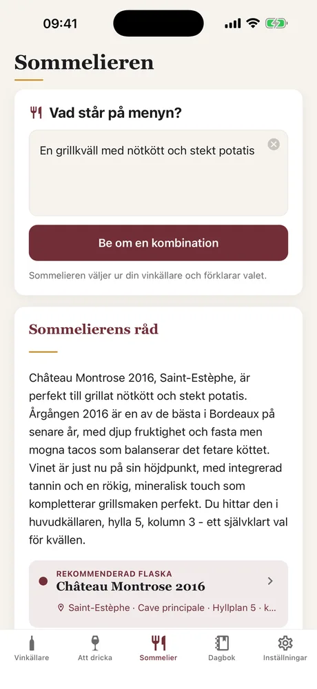 Sommelierskärmen i Caviste: menyn beskriven i en mening, och rådet som rekommenderar en flaska ur vinkällaren och förklarar kombinationen.